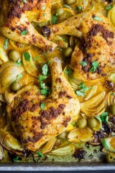 Enjoy the flavors of Morocco with richly spiced chicken, savory onions, and tangy olives. Using just one small bowl and a baking sheet, this Moroccan Sheet Pan Chicken is just as easy to clean up as it is to prepare!