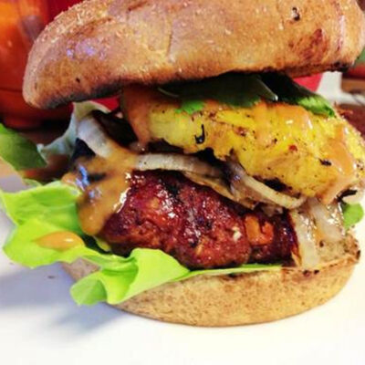 Thai Burger with lettuce and pineapple.