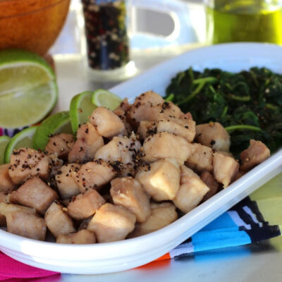 Vietnamese Pork with black pepper on a white plate.