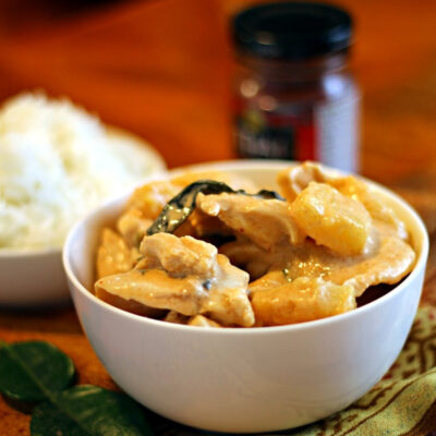 Thai chicken curry in a bowl.