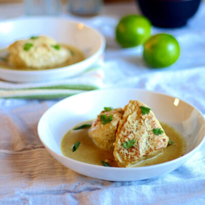 Thai coconut curry chicken served in a bowl.