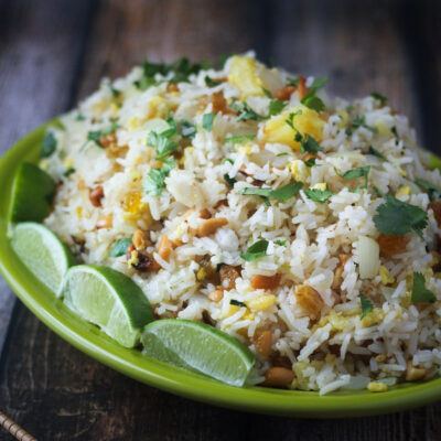A serving platter with Thai fried rice.