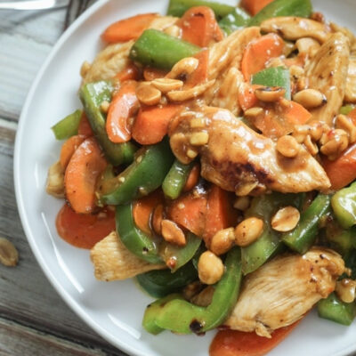A plate with Easy Healthy Szechuan Chicken.