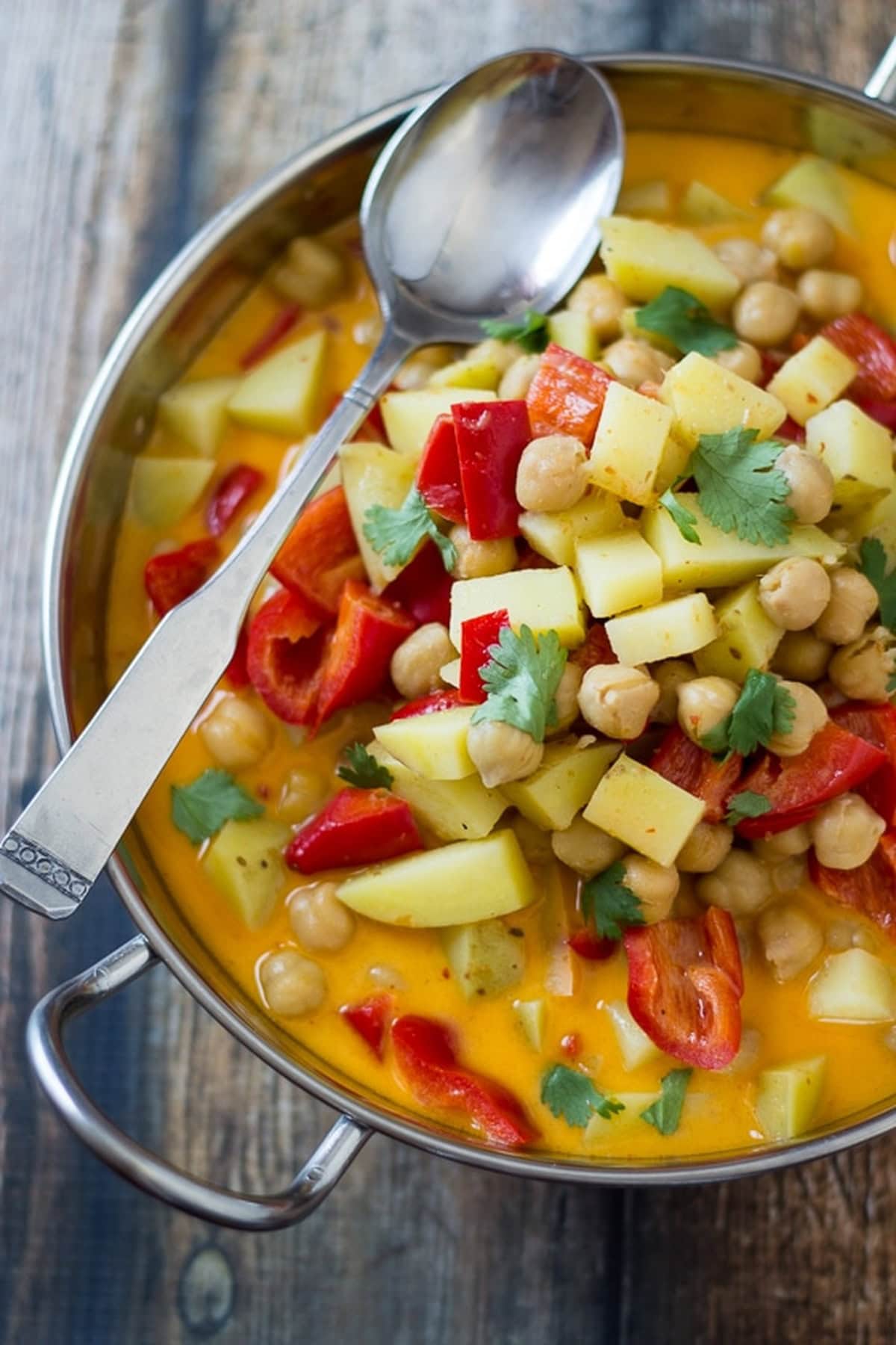 Close-up of Thai chickpea red curry with cilantro, potatoes, and red bell peppers.