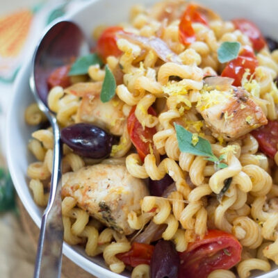 Greek chicken pasta in a bowl.