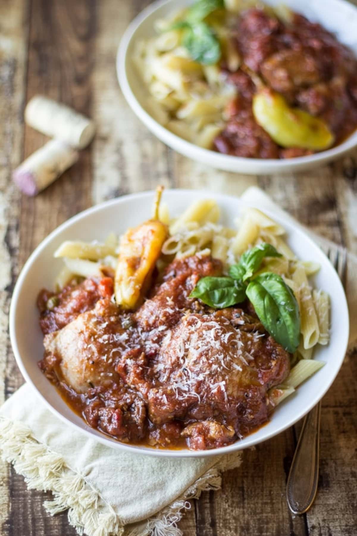 Chicken Cacciatore Pasta in a bowl with tomato sauce.