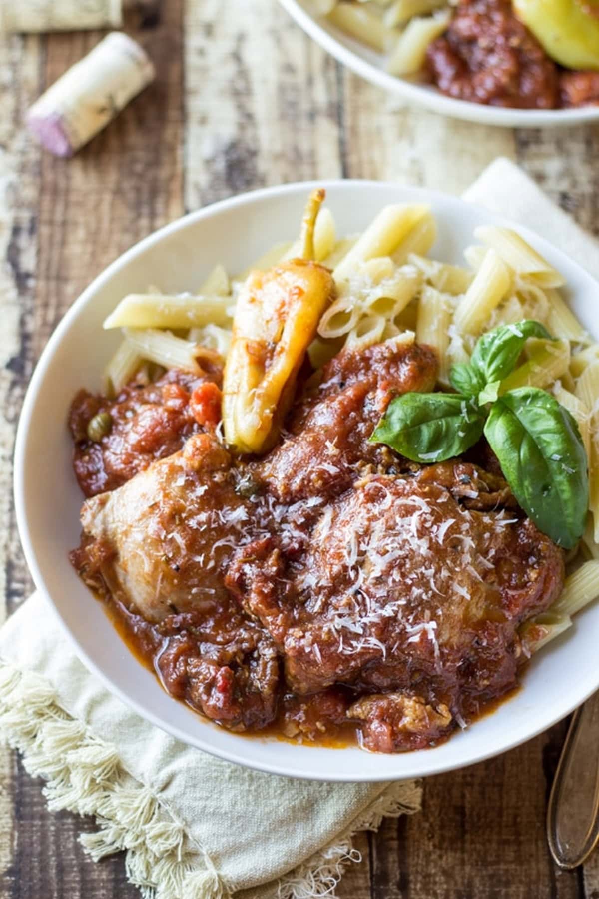Chicken Cacciatore Pasta in a white bowl.