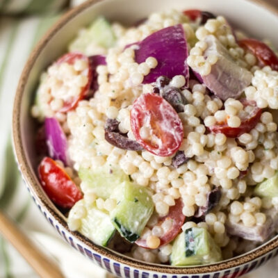 Greek Couscous Salad in a bowl.