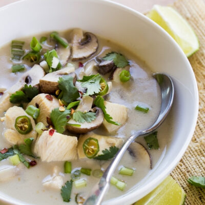 A bowl of Tom Kha Gai coconut soup.