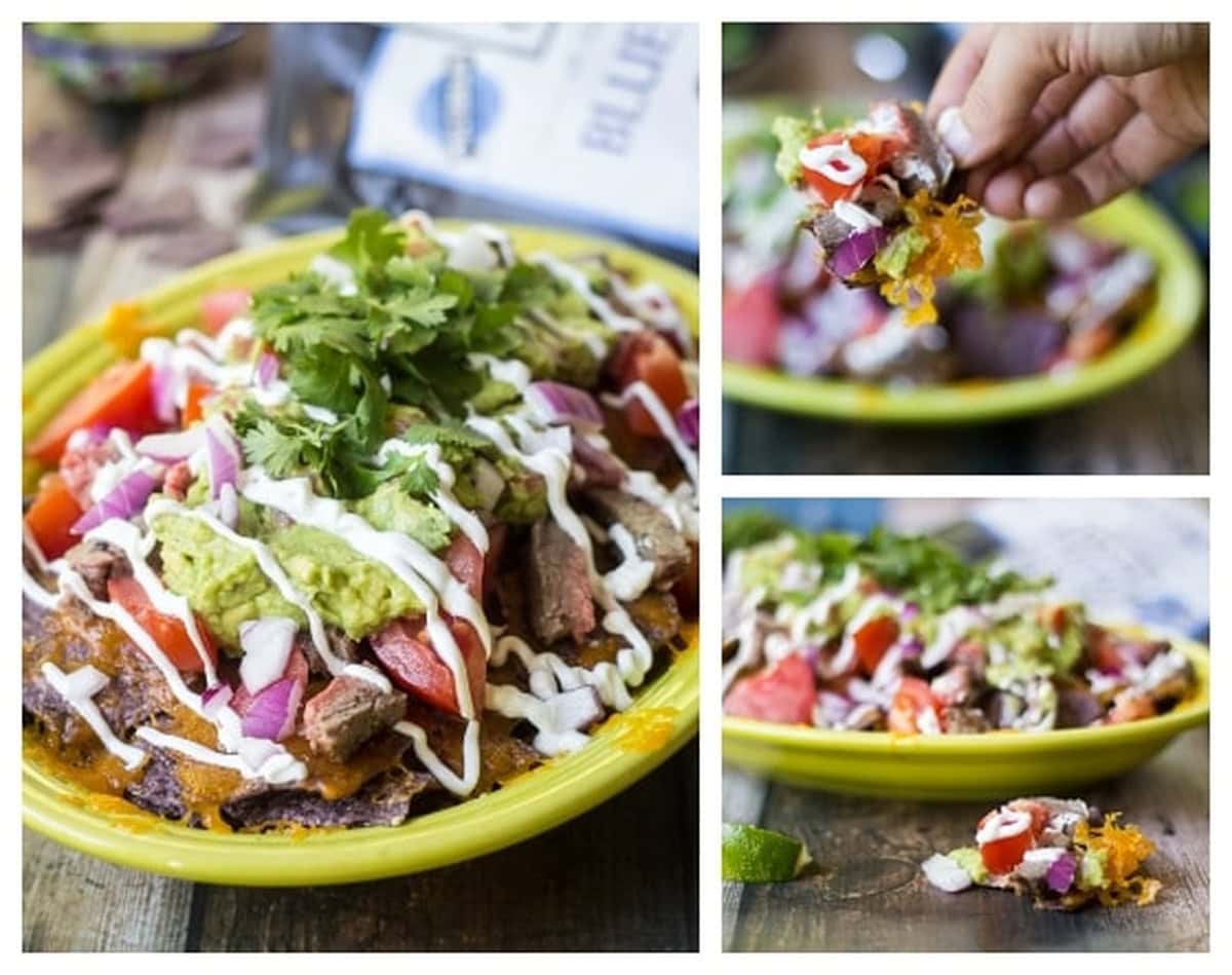 A collage of carne asada nachos.