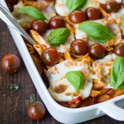 No-boil pasta bake in a white casserole dish.