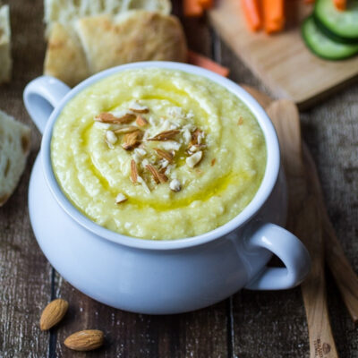 Greek garlic and potato dip served in a bowl.