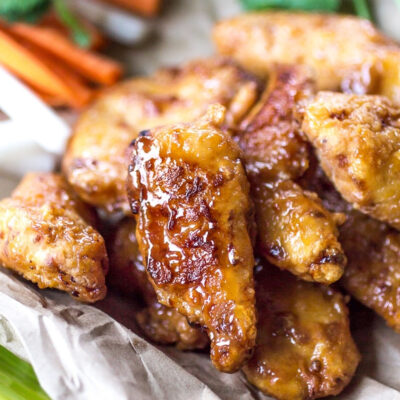 Close-up of sticky Vietnamese chicken wings.