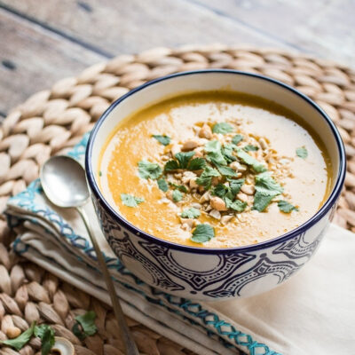 Vegan sweet potato soup served in a bowl.