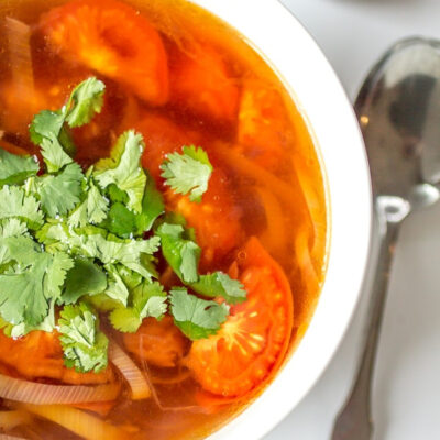 Tomato and leek soup in a bowl.