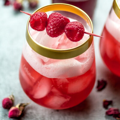 Rosewater cocktail in a glass.