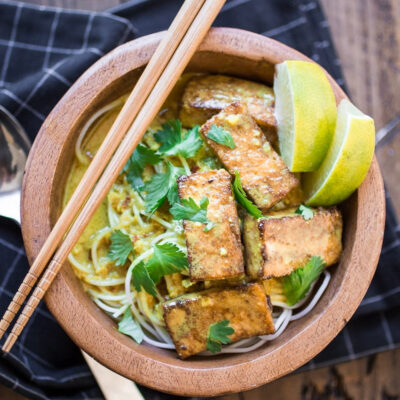 A bowl of coconut curry noodles.