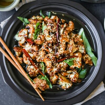 General Tso Cauliflower served in a bowl.