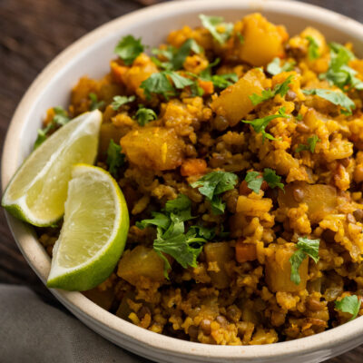 Lentils, rice, veggies and LOTS of herbs and spices make this One Pot Lentil Dahl and Rice recipe a dinnertime champion!