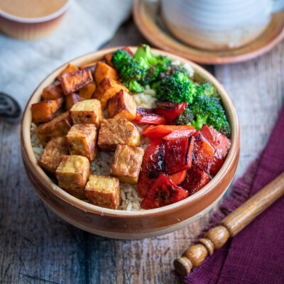 Tempeh Buddha bowls served on a table.
