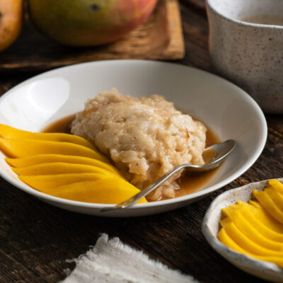 Thai Mango Sticky Rice on a white plate.