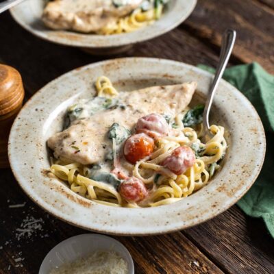 Chicken Florentine Pasta Recipe plated in a white bowl