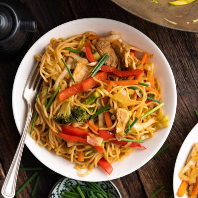Chicken Yakisoba on a white plate.