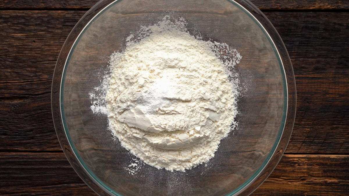 Dry ingredients in a glass bowl.