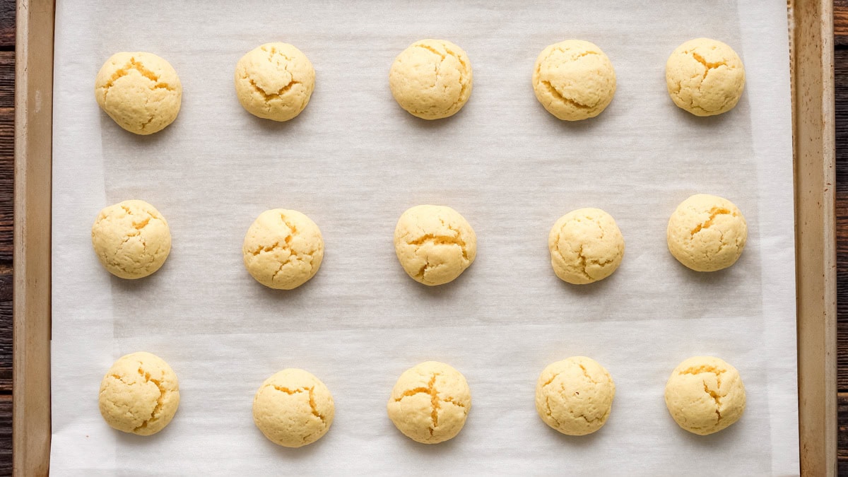 Cookies on a baking sheet after baking.