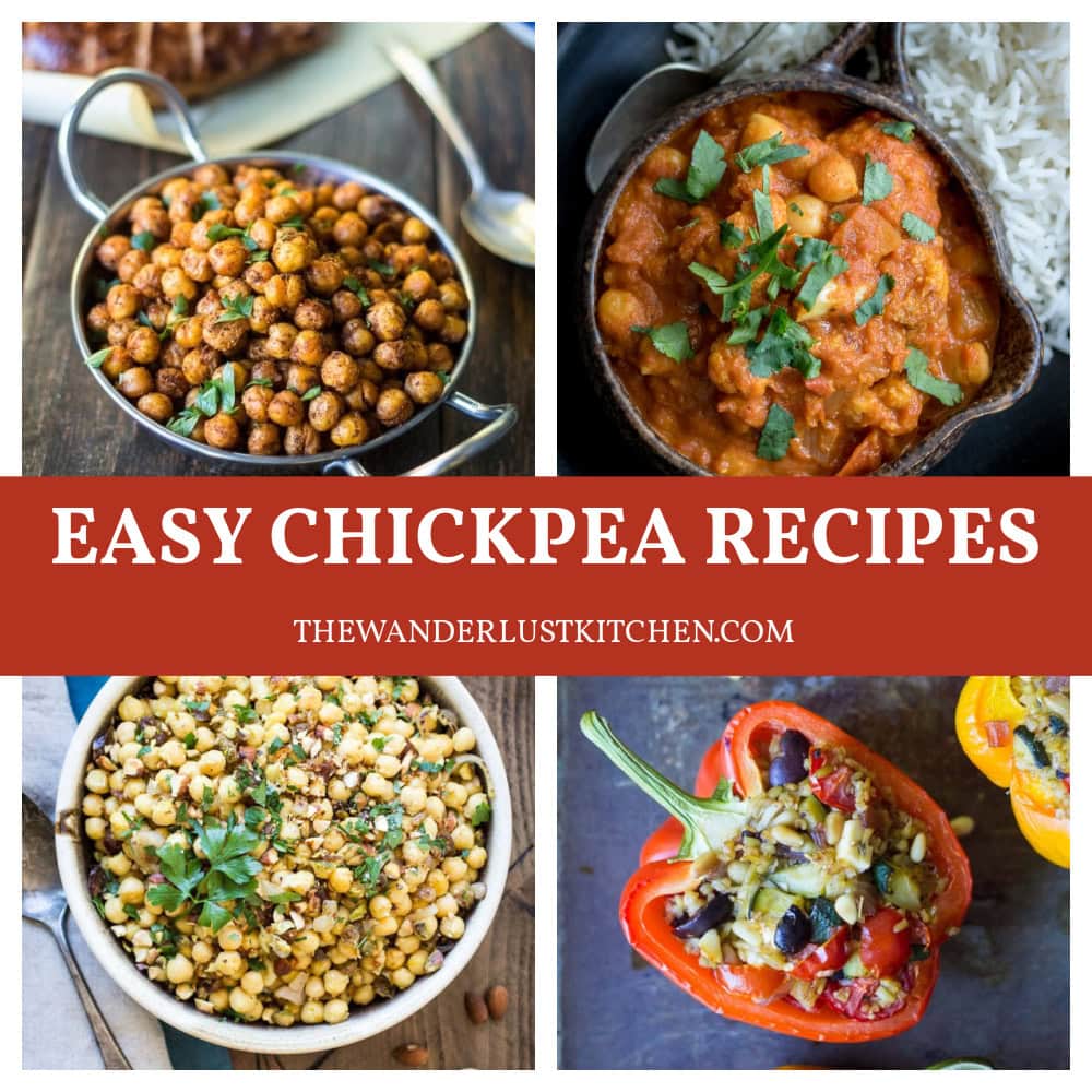 Easy chickpea recipes showing four difference dishes.