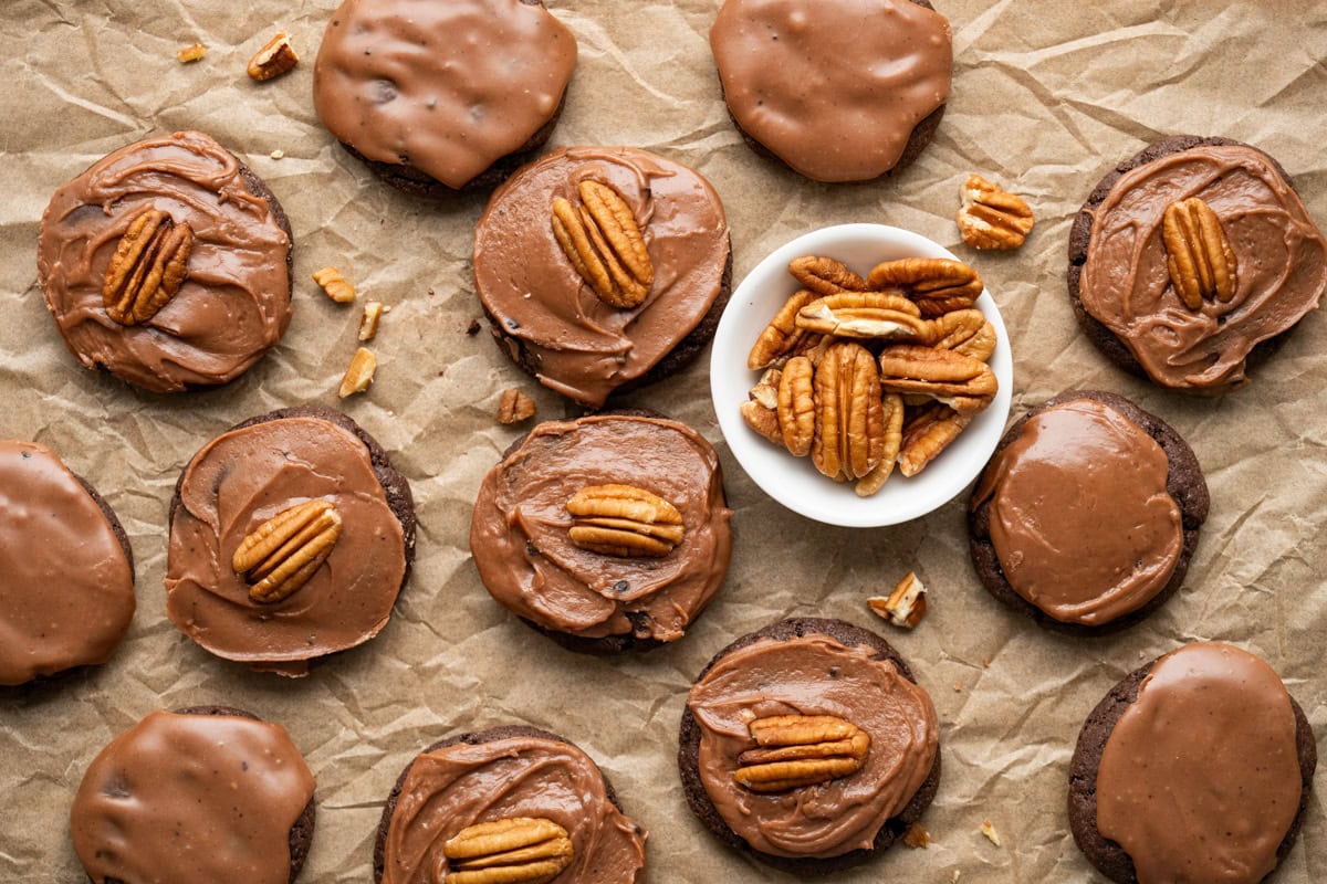 Texas Sheet cake cookies on parchment paper.