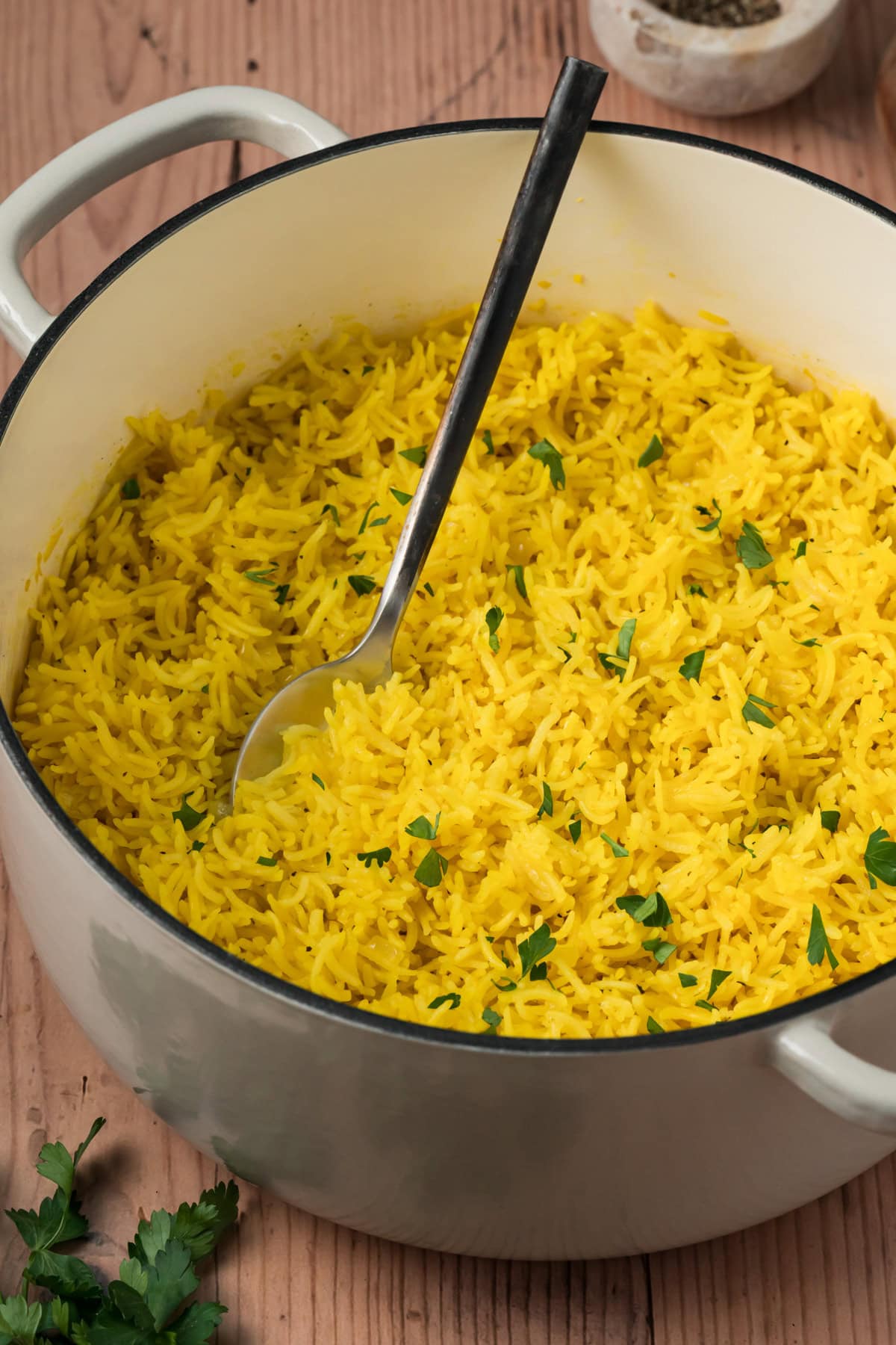 Turmeric rice in a large pot.