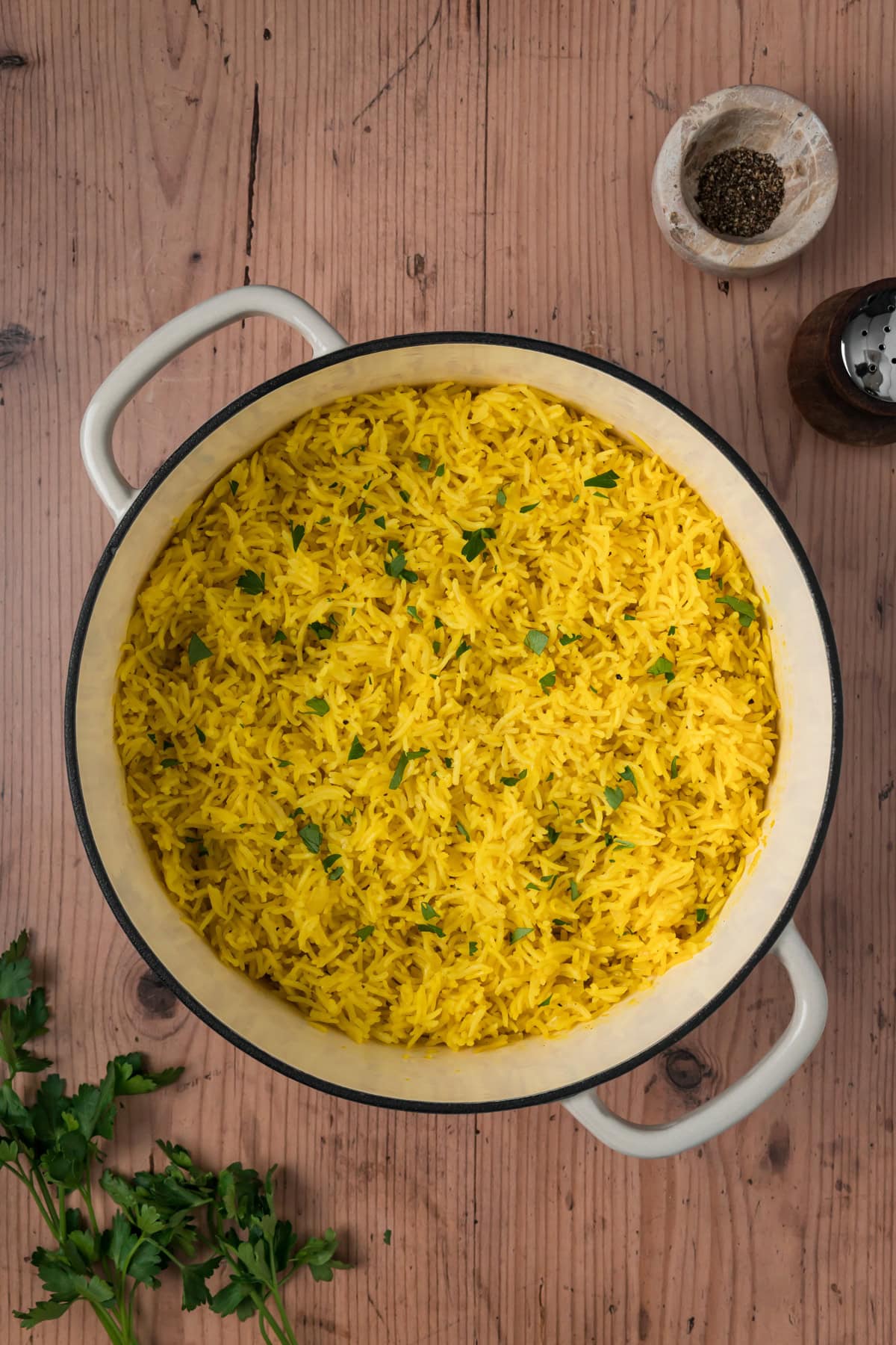 Turmeric rice in a large pot.