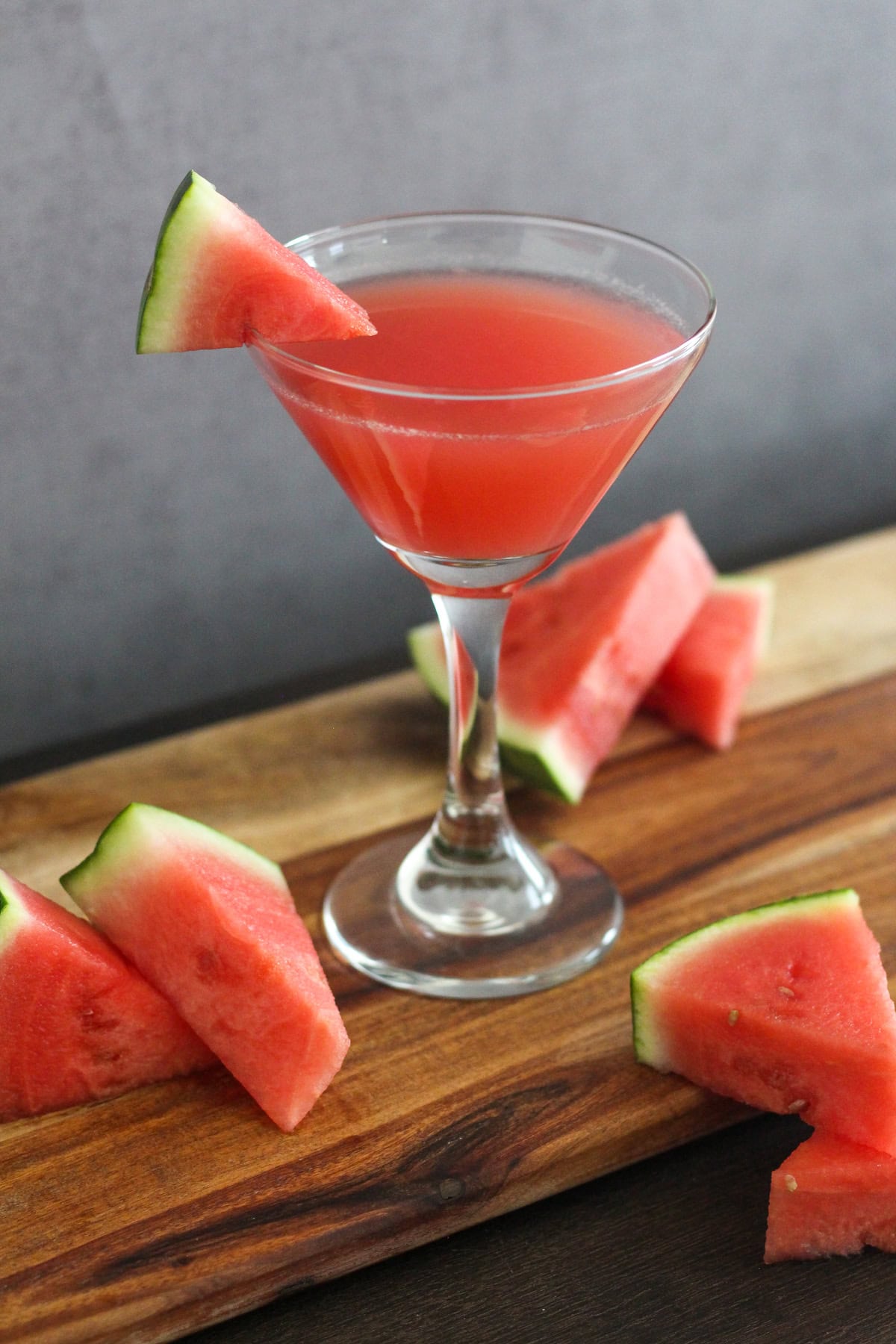 Watermelon martini in a martini glass.