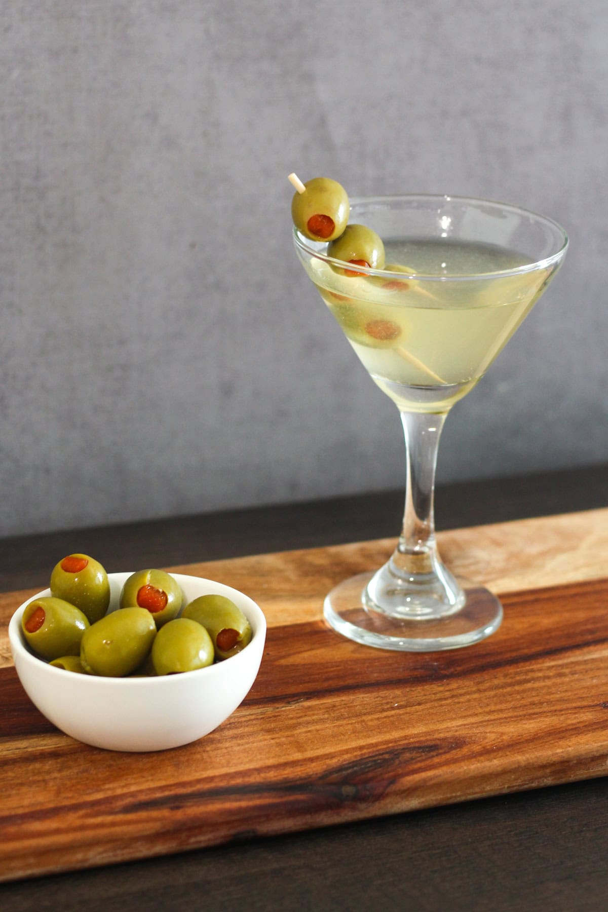 Dirty martini in a chilled martini glass.