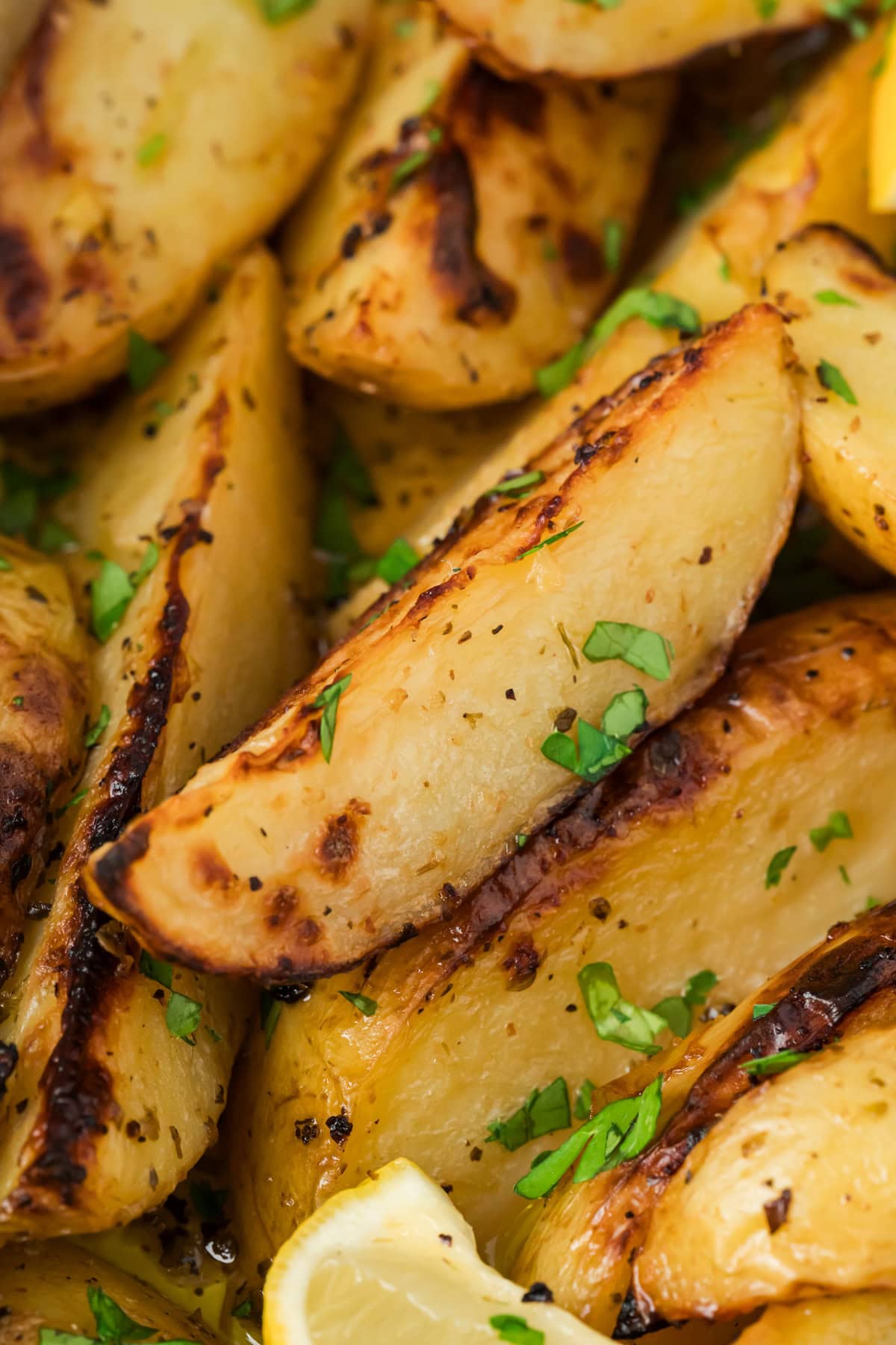 Up close shot of Greek Lemon Potatoes.
