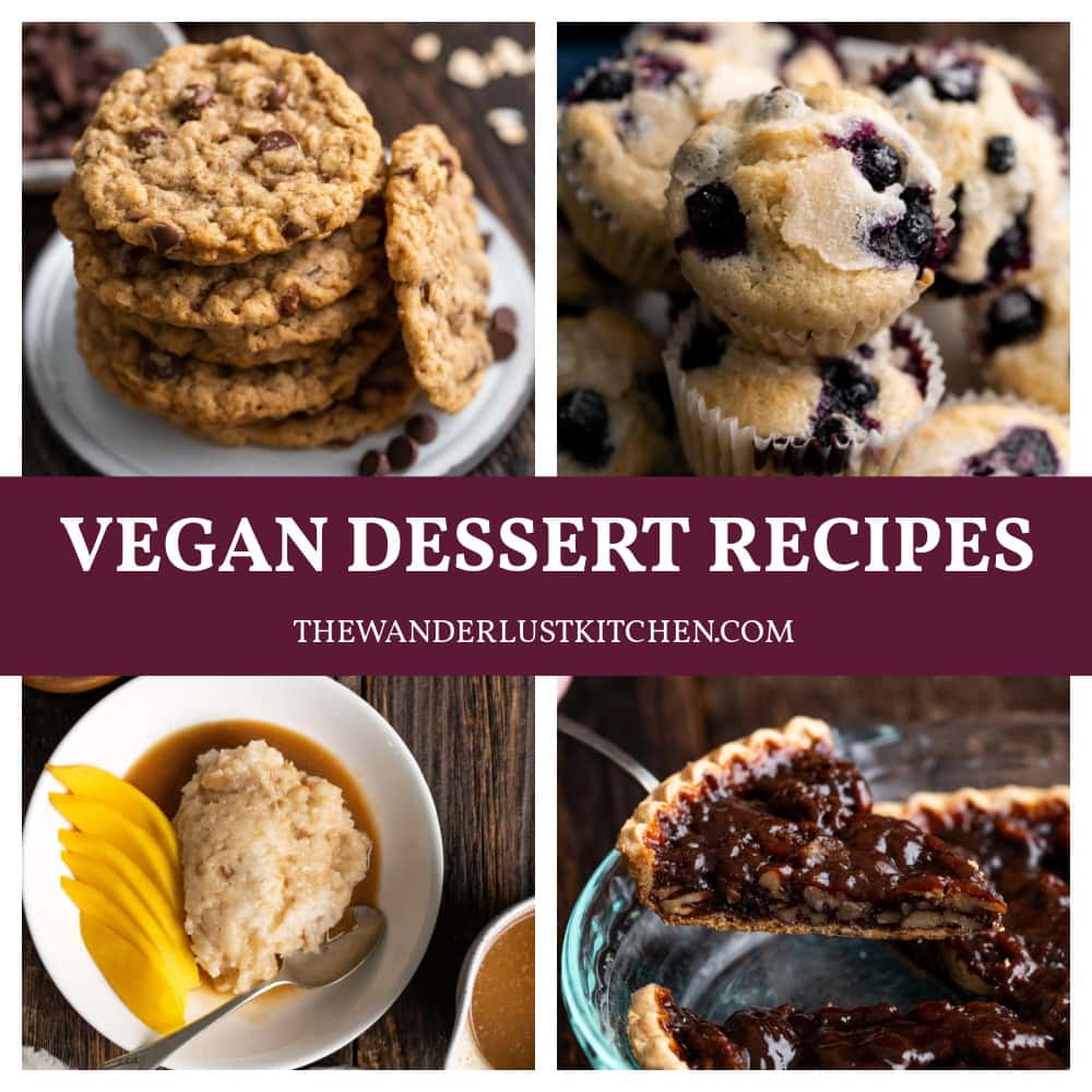 Vegan Dessert Recipes with four recipe photos including cookies with chocolate chips.
