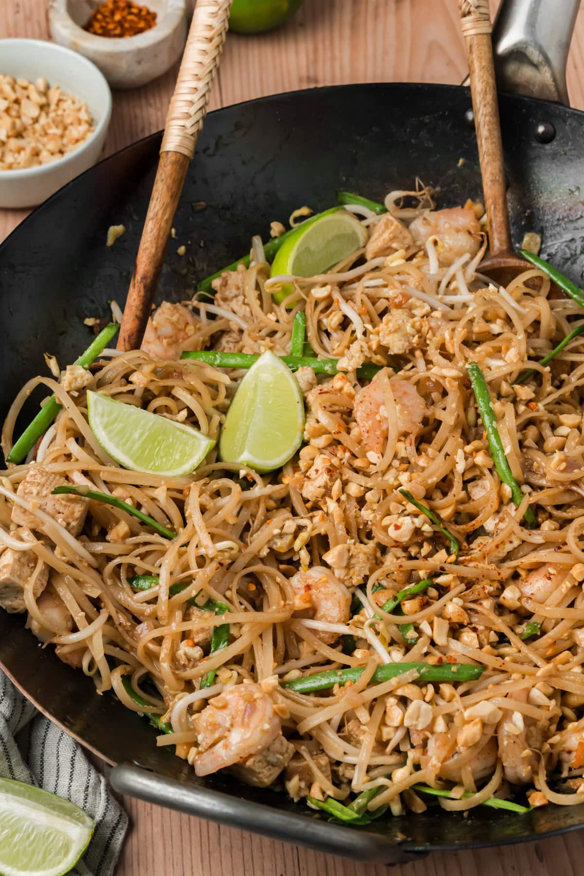 Shrimp Pad Thai in a wok.