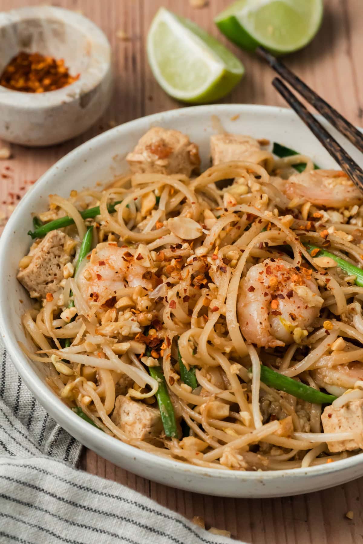 Pad Thai in a white bowl.