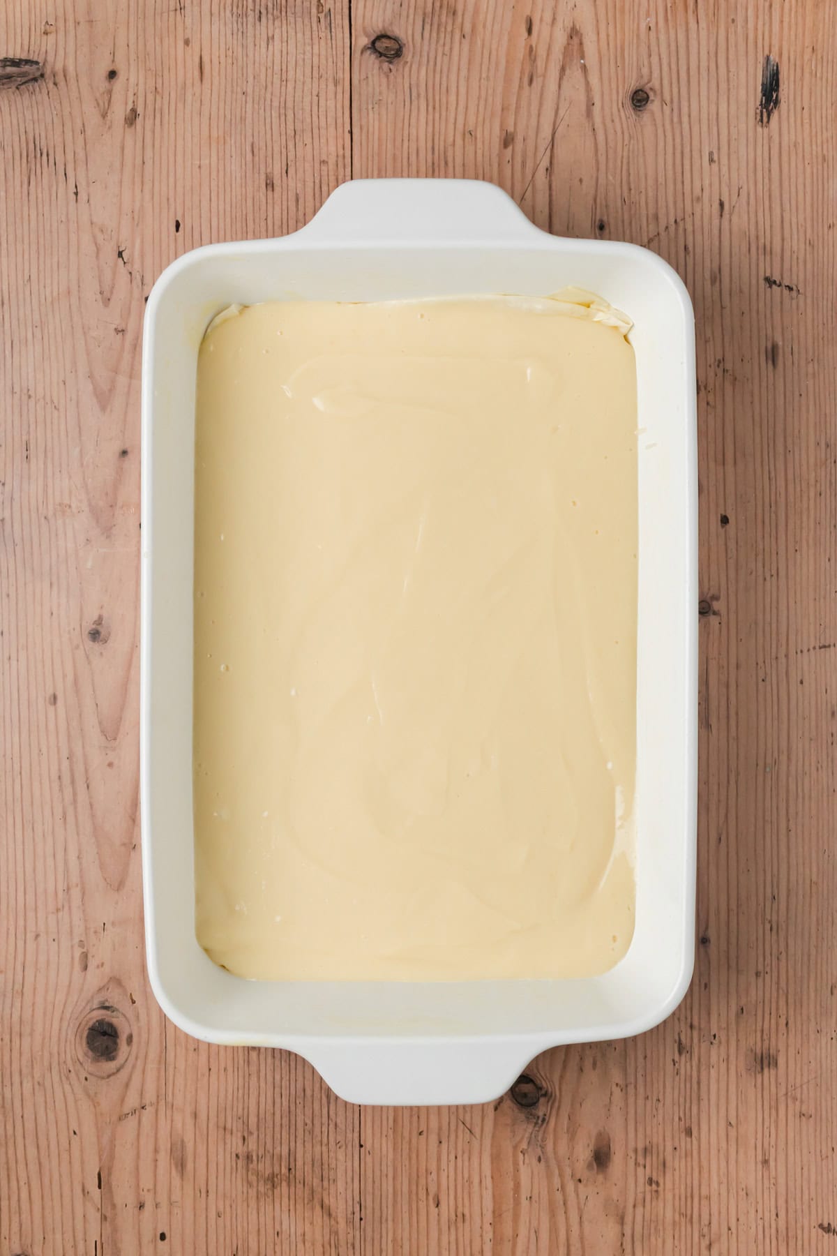 Custard poured on top of the phyllo dough.