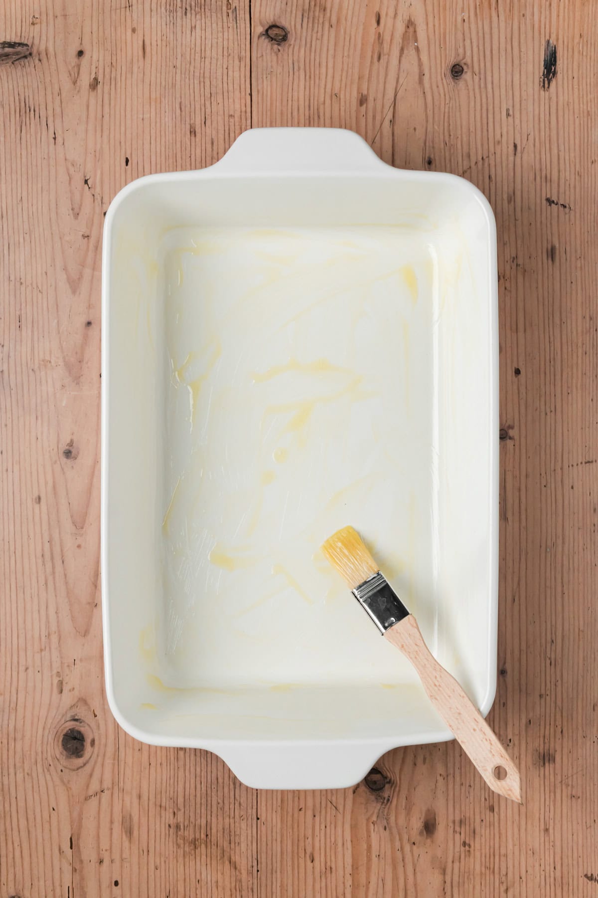Baking dish brushed with melted butter.