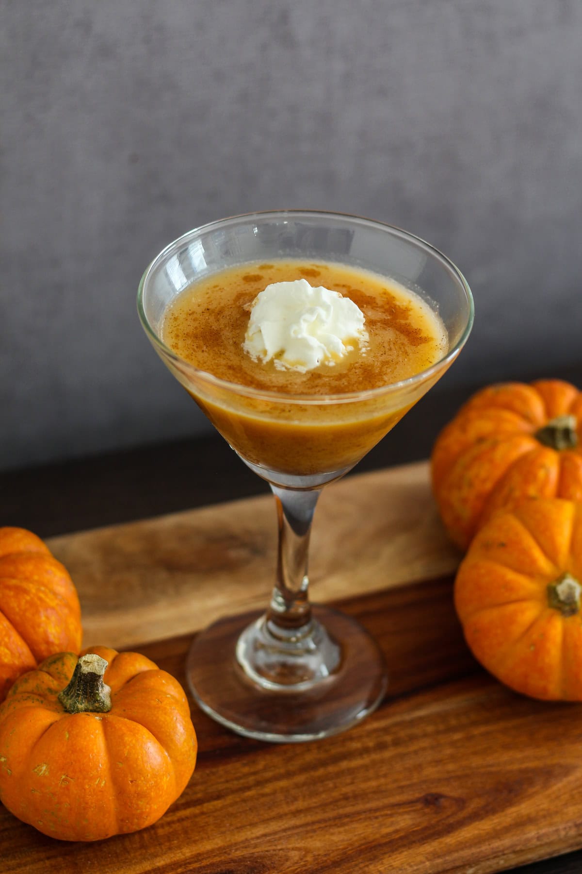 Pumpkin martini in a martini glass.